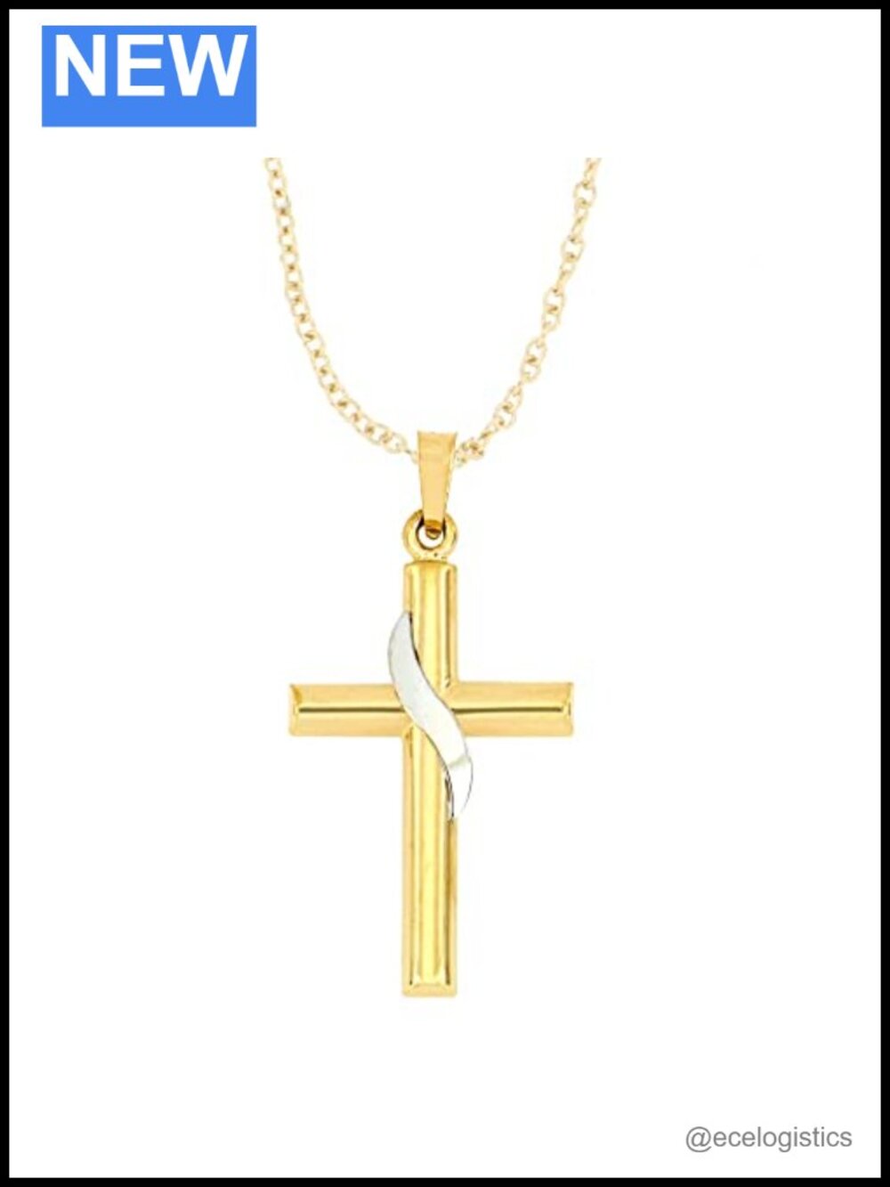 14K Two-Tone Yellow & White Gold Cross Pendant Necklace Religious Charm